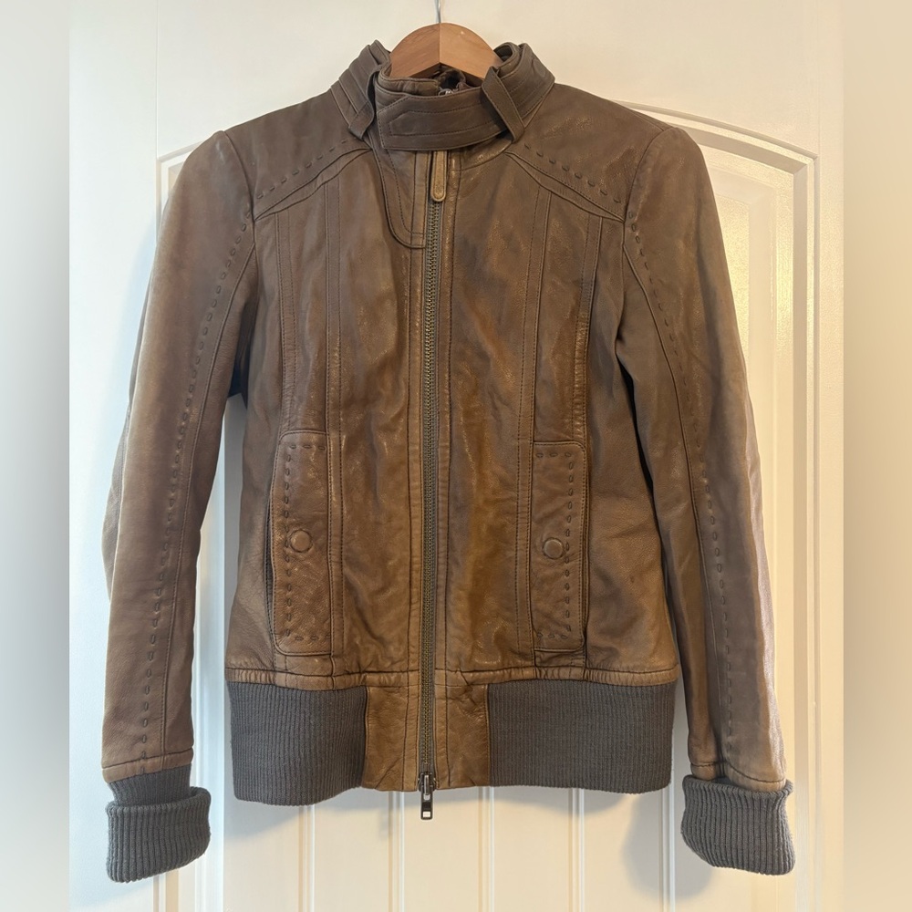 Mackage Brown Leather Jacket with Distressed Finish and Ribbed Knit Details